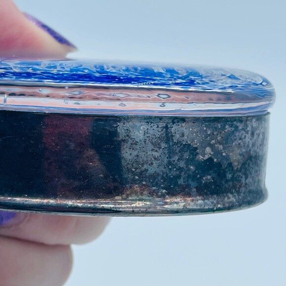 Vintage Oval Shaped Decorative Glass w/ Blue & Silver Accents Silver-Plated Base - Picture 10 of 11